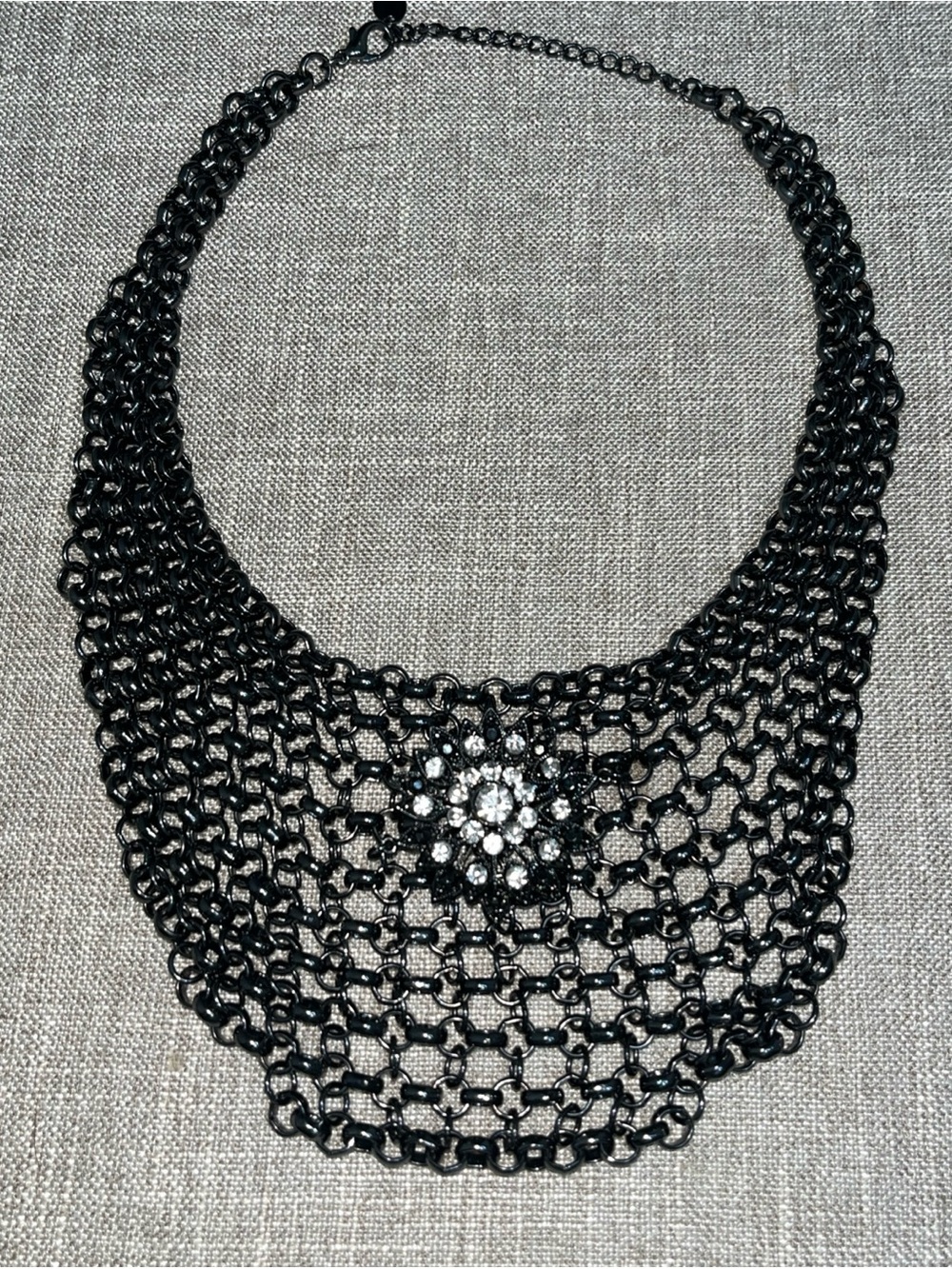 Black Collar Statement Chain Bib Necklace with Crystal Center Accent Brooch